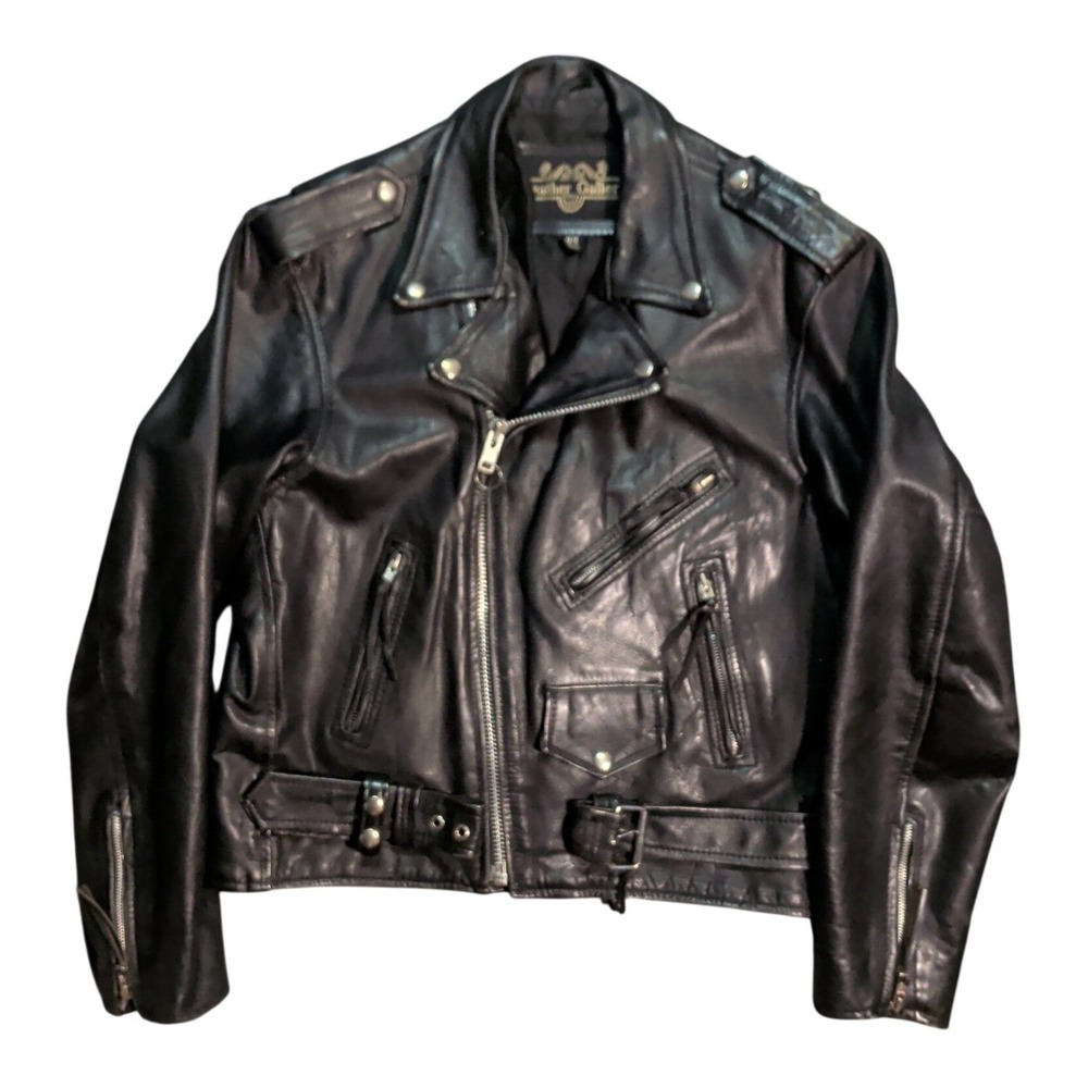 Vintage Leather Gallery Motorcycle Biker Jacket Mens Size 44 Black Leather Goth